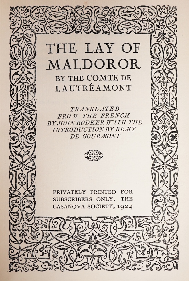 Lautremont, Isidore Ducasse (Comte de) The Lay of Maldoror. Translated from the French by John Rodker with the Introduction by Remy de Gourmont. Limited Edition (of 100 numbered copies on large paper, signed by the trans